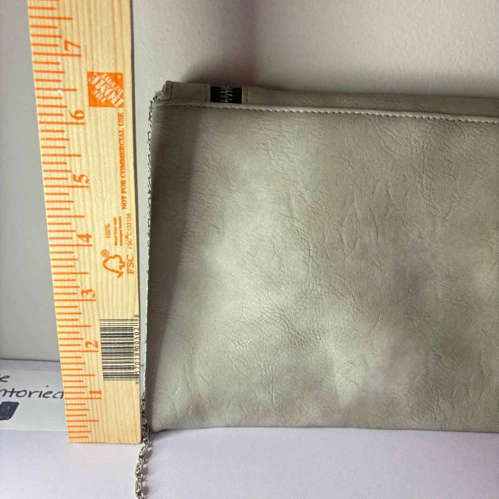Greige Faux Leather Foldover Clutch Bag with Silver Chain Strap and Zippers
